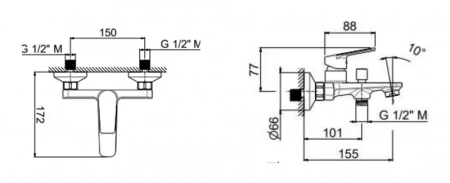 Смеситель для ванны NOTA настенный с дивертором ванна/душ, без лейки, хром