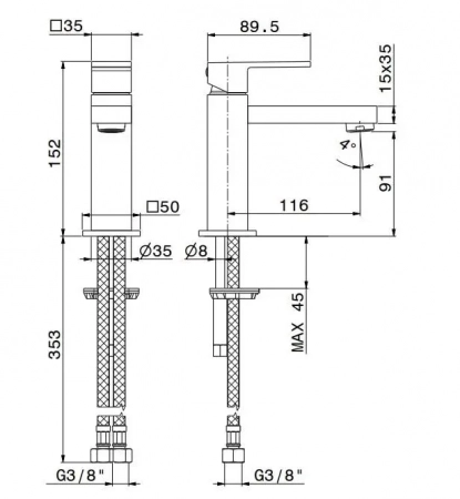 Смеситель для раковины FUTURA однорычажный без донного клапана 3/8, матовый черный
