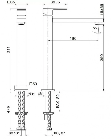 Смеситель для раковины FUTURA однорычажный высокий без донного клапана 3/8, матовый черный