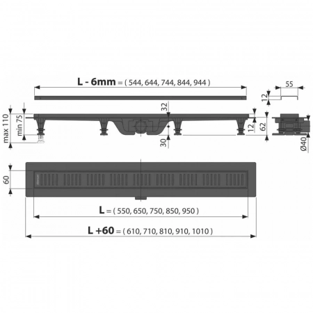 Душевой лоток smart с перфорированной решеткой, черный, 85 см