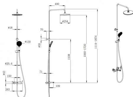 Душевая колонна FONTE на 3 потока с фиксированным изливом и механическим смесителем, черный матовый