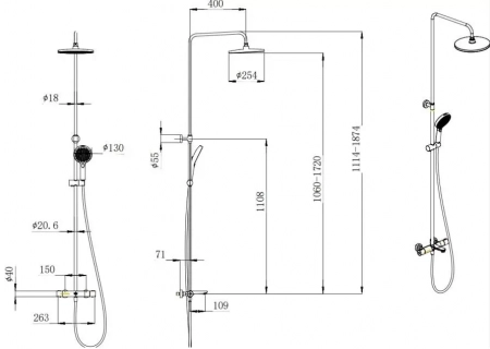 Душевая колонна FONTE на 3 потока с фиксированным изливом и термостатическим смесителем, черный матовый