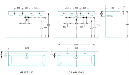 Раковина GRANDE мебельная\подвесная 120, белая глянцевая, два отверстия под смеситель
