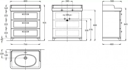 Тумба POMPEI напольная с 3 ящиками 80, белая глянцевая
