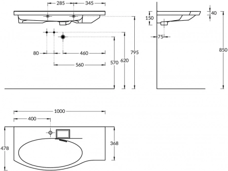 Раковина RIVA мебельная левая с крепежом 100, белая глянцевая