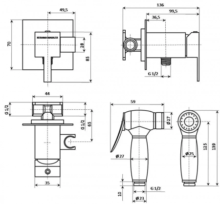 Смеситель с гигиеническим душем и держателем для лейки Fioretto