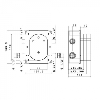 Универсальная внутренняя часть для термостатического кнопочного смесителя на два потока для душа