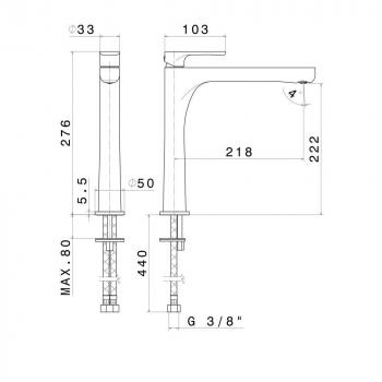 Смеситель для раковины OLE однорычажный высокий без донного клапана, золотой атласный