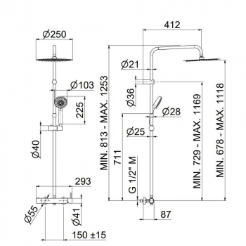 Душевая колонна NOTA на 2 потока с механическим смесителем с  ручным душем на 5 режимов, хром