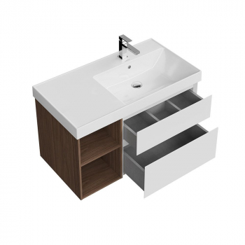 Тумба CUBO правая подвесная с ящиками 90, белая матовая- структ.орех