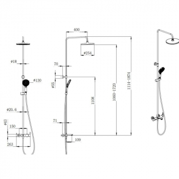 Душевая колонна FONTE на 3 потока с фикс.изливом и механическим смесителем, черный матовый