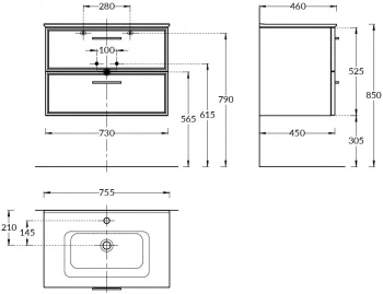 Тумба PIANO Classic подвесная 75 см, 2 ящика, ясень синий матовый