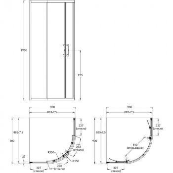 Душевой уголок VETRO, раздвижной, четверть круга, 90х90х195, хром